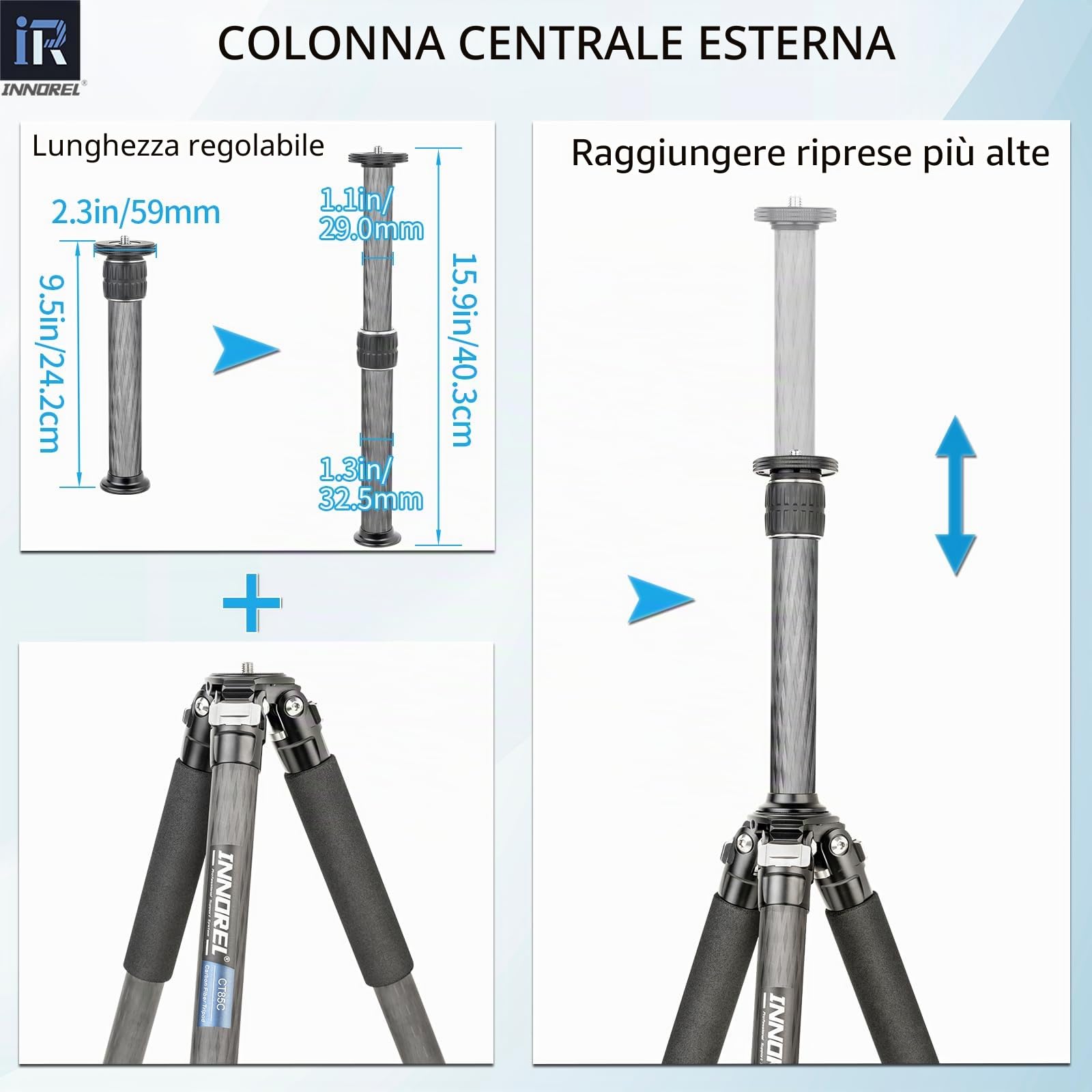 Treppiede in fibra di carbonio INNOREL CT85C Treppiede compatto professionale Supporto fotocamera pesante per videocamera DSLR con testa a sfera a bassa gravità 46mm Carico 25kg con colonna centrale