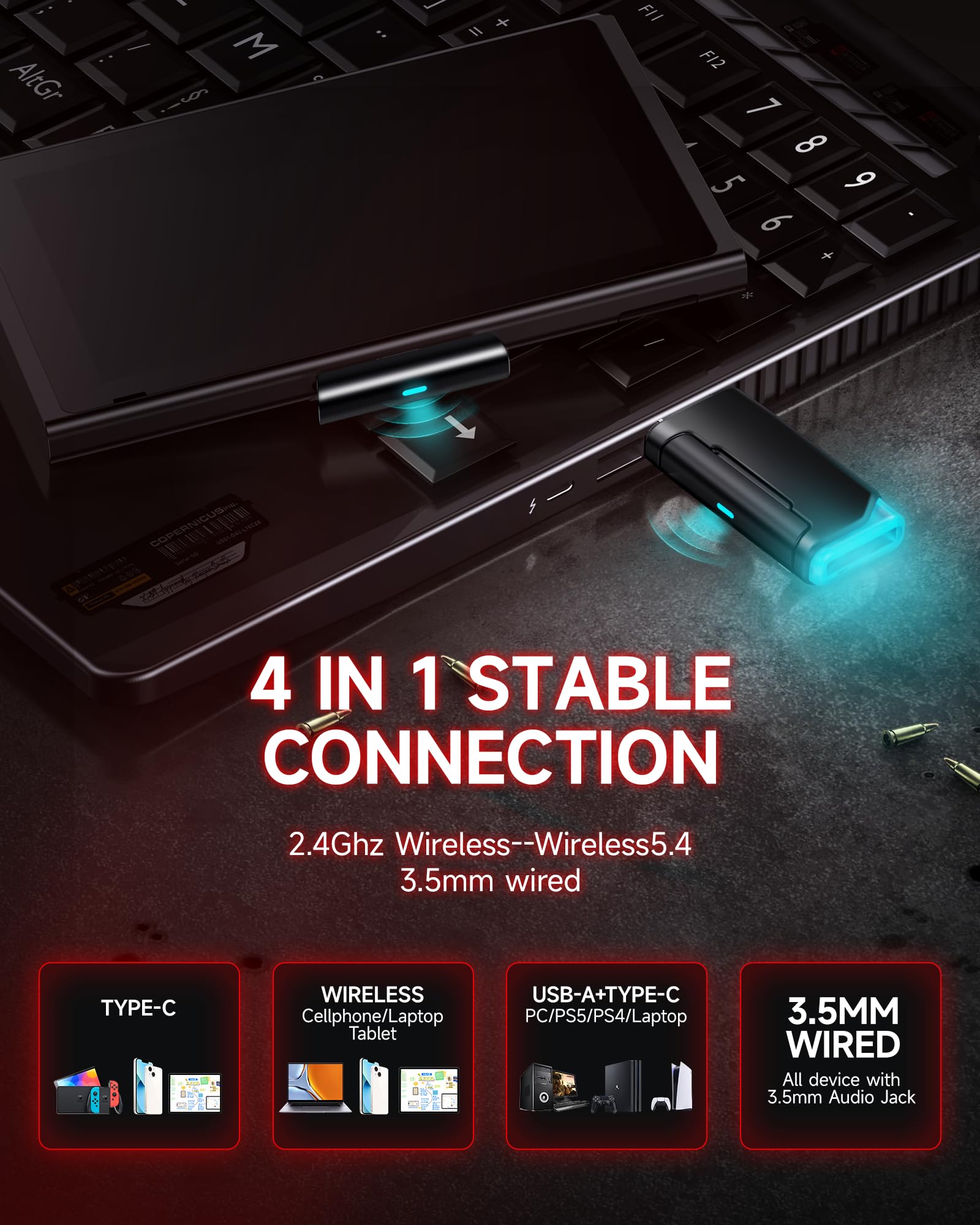 Picun Auriculares inalámbricos G2 para juegos, sonido envolvente virtual 7.1, 2.4 GHz/Bluetooth 5.4/cableado, latencia ultra baja de 5 ms, batería de 100 horas, micrófono ENC con cancelación de ruido