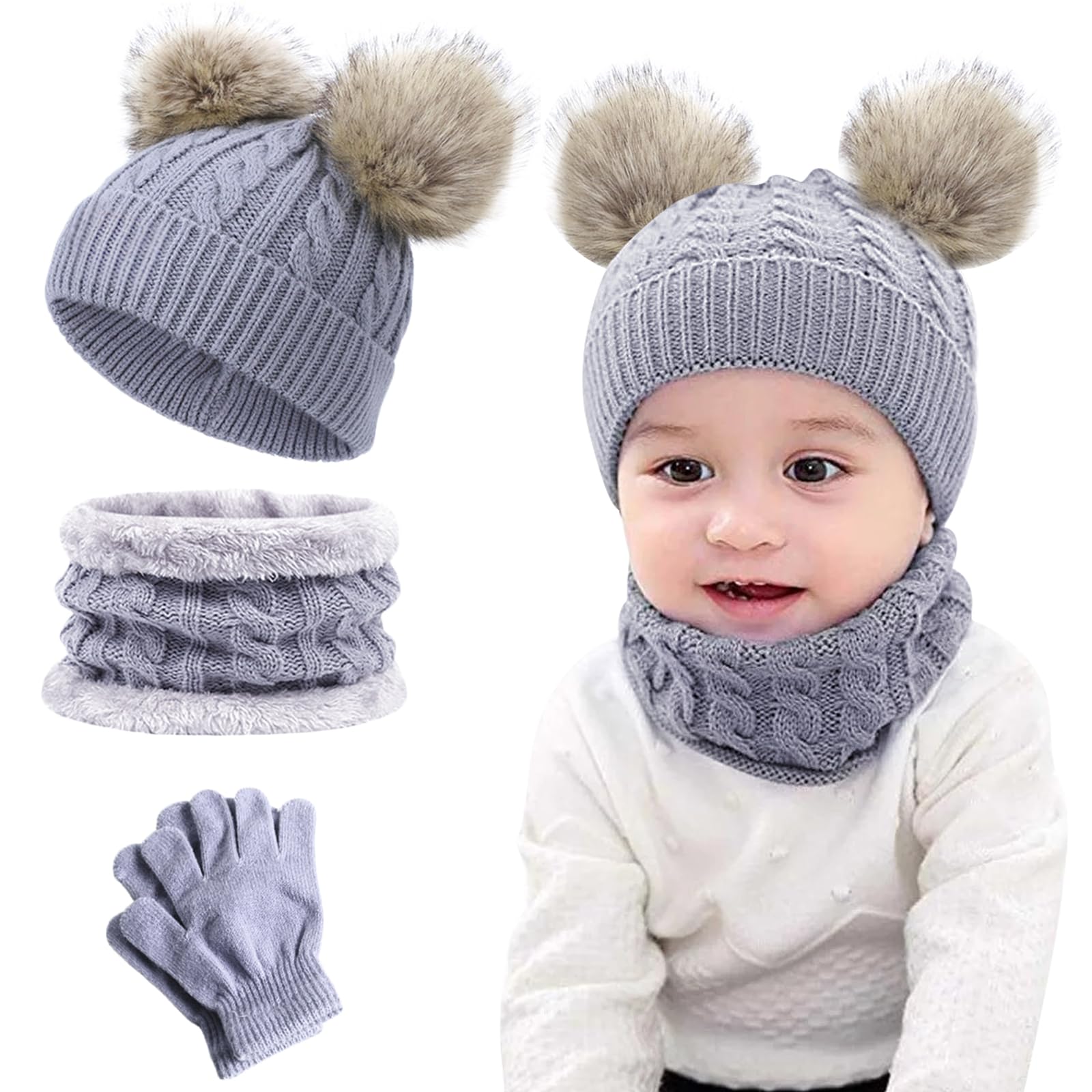 JSTHHTT 3 in 1 Conjunto de Gorro Bufanda y Guantes Niños, Térmico Pompón Beanie Gorro, Sombrero de Punto Invierno Cálido con Pompon, para Niños Niñas 2-4 Años