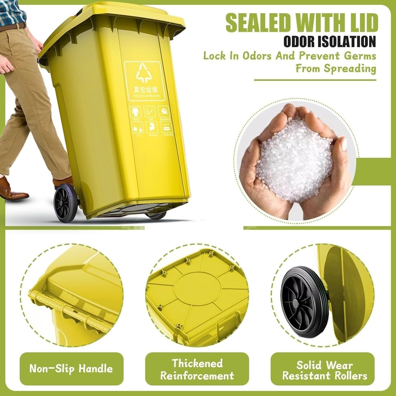 Contenedor de Basura de plástico Resistente con Ruedas para Garaje, con Tapa, para Exteriores, contenedor de Basura móvil Industrial con Ruedas reforzadas, fácil de Limpiar y Mover (Amarillo