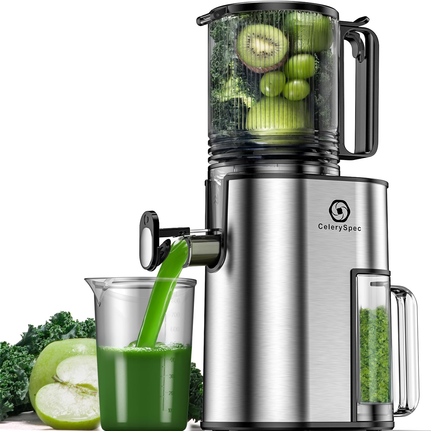 Extractor de Jugos de Frutas y Verduras, Prensado en Frío con Calibre de 130mm, Slow Juicer de 250W, Capacidad de 1,8L, Sin BPA, Fácil de Limpiar, Acero Inoxidable