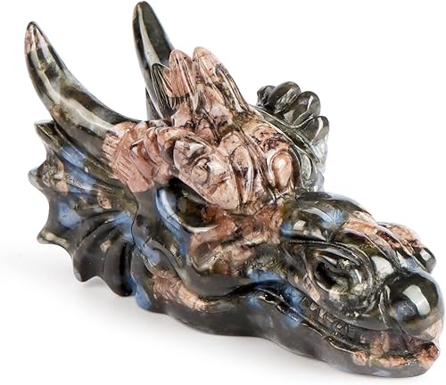 Artistone Piedra de glaucophane con cabeza de dragón y calavera tallada con anfíbole azul, estatua de dragones de cristal, figuras de piedra