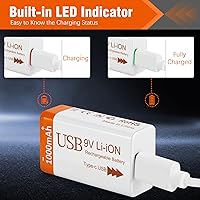 Vista 6 de Baterías recargables de litio de 9 V de 1000 mAh con cable de carga USB 2 en 1, batería de iones de litio 6f22 de 9 voltios para detector de humo