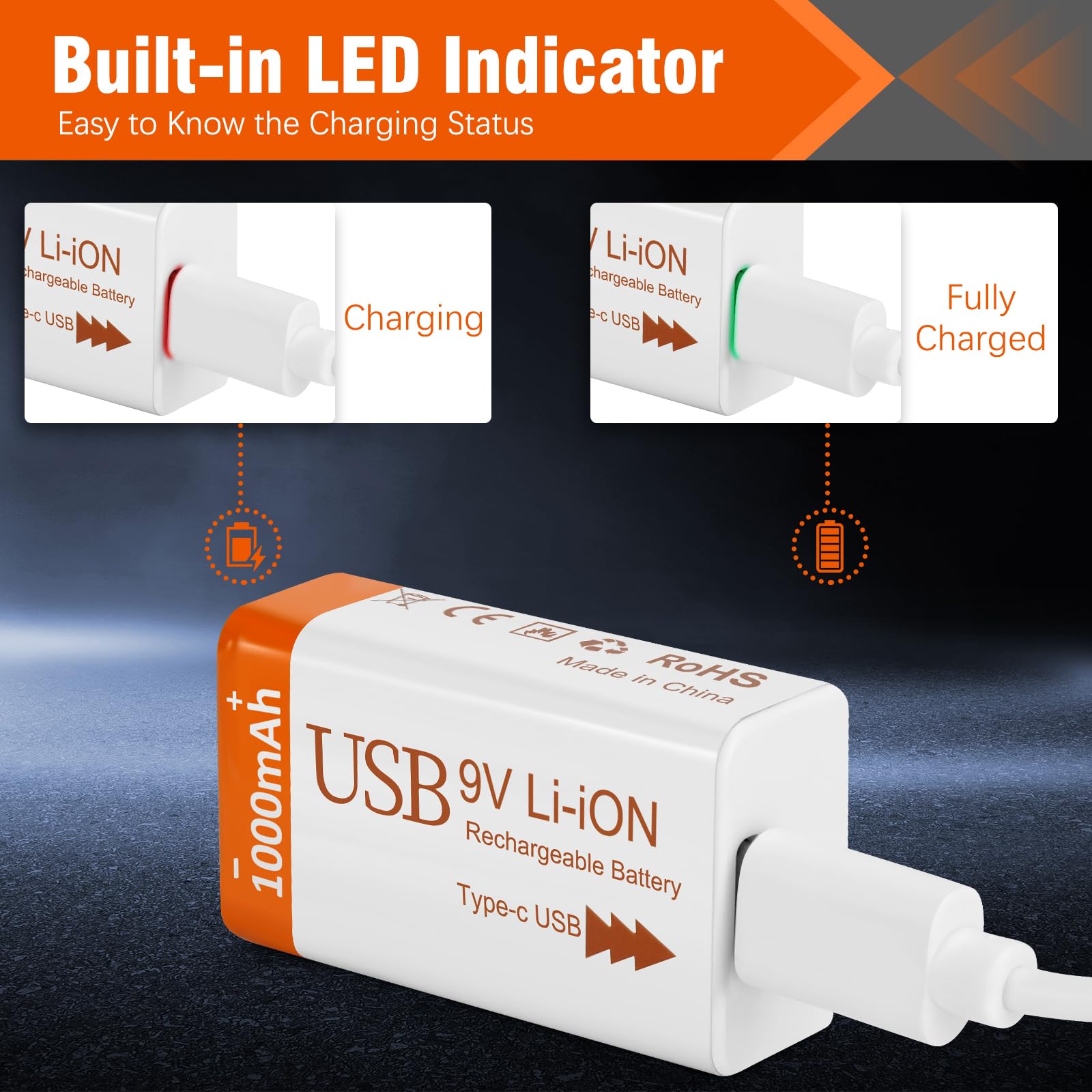Baterías recargables de litio de 9 V de 1000 mAh con cable de carga USB 2 en 1 | Batería de iones de litio 6f22 de 9 voltios para detector de humo, pedales de guitarra, paquete de 2