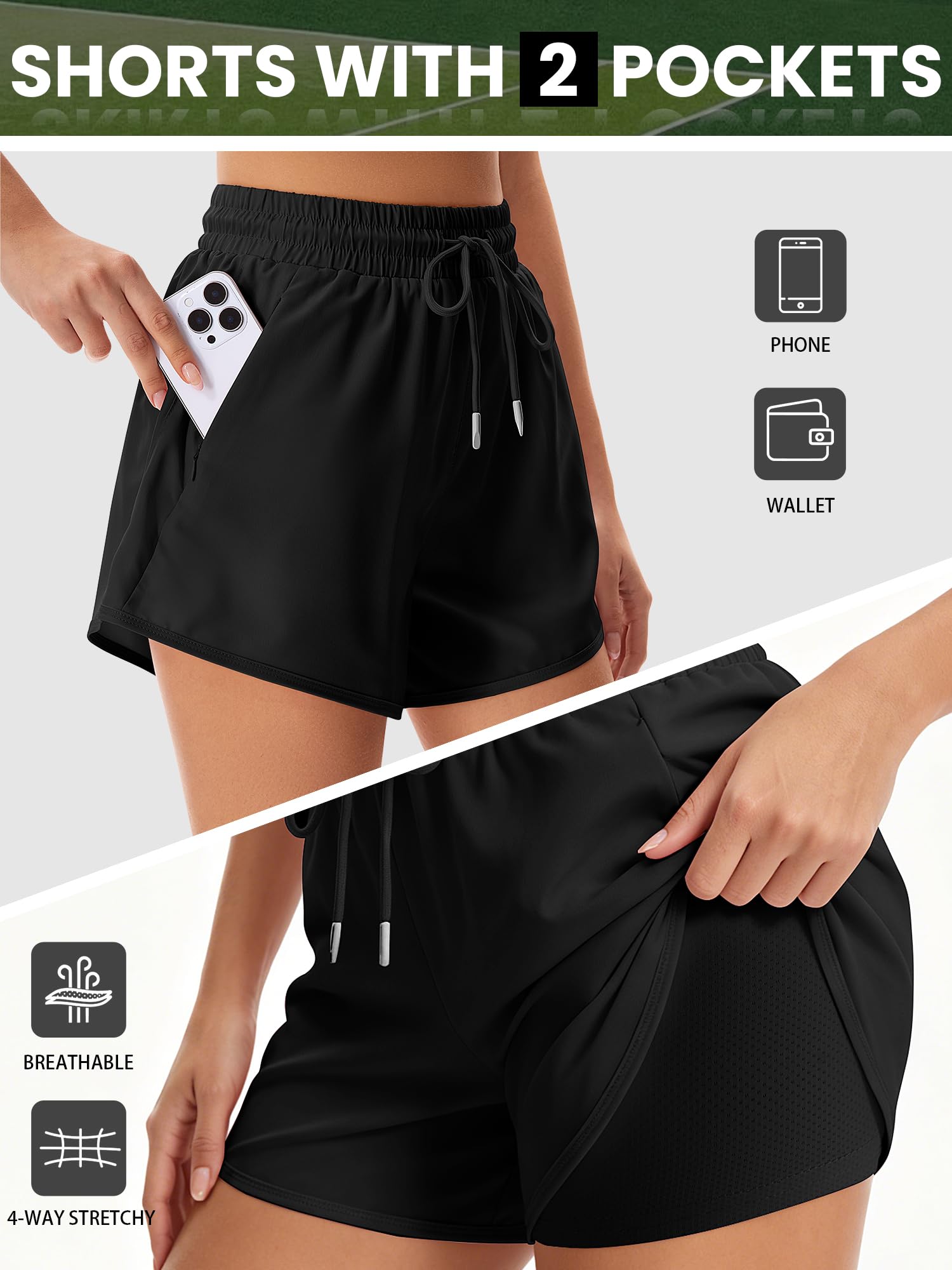 Sporthose Damen Kurz 2 in 1 Laufshorts High Waist mit 2 Reißverschlusstaschen Sommer Trainingshose Sportshorts Fitness Gym Yoga
