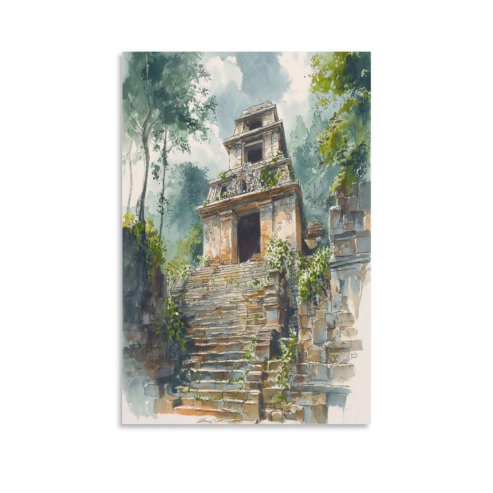 LCYNNH Tikal Maya Jaguar 20x30inch(50x75cm) Vintage Travel Poster Watercolor Canvas Art