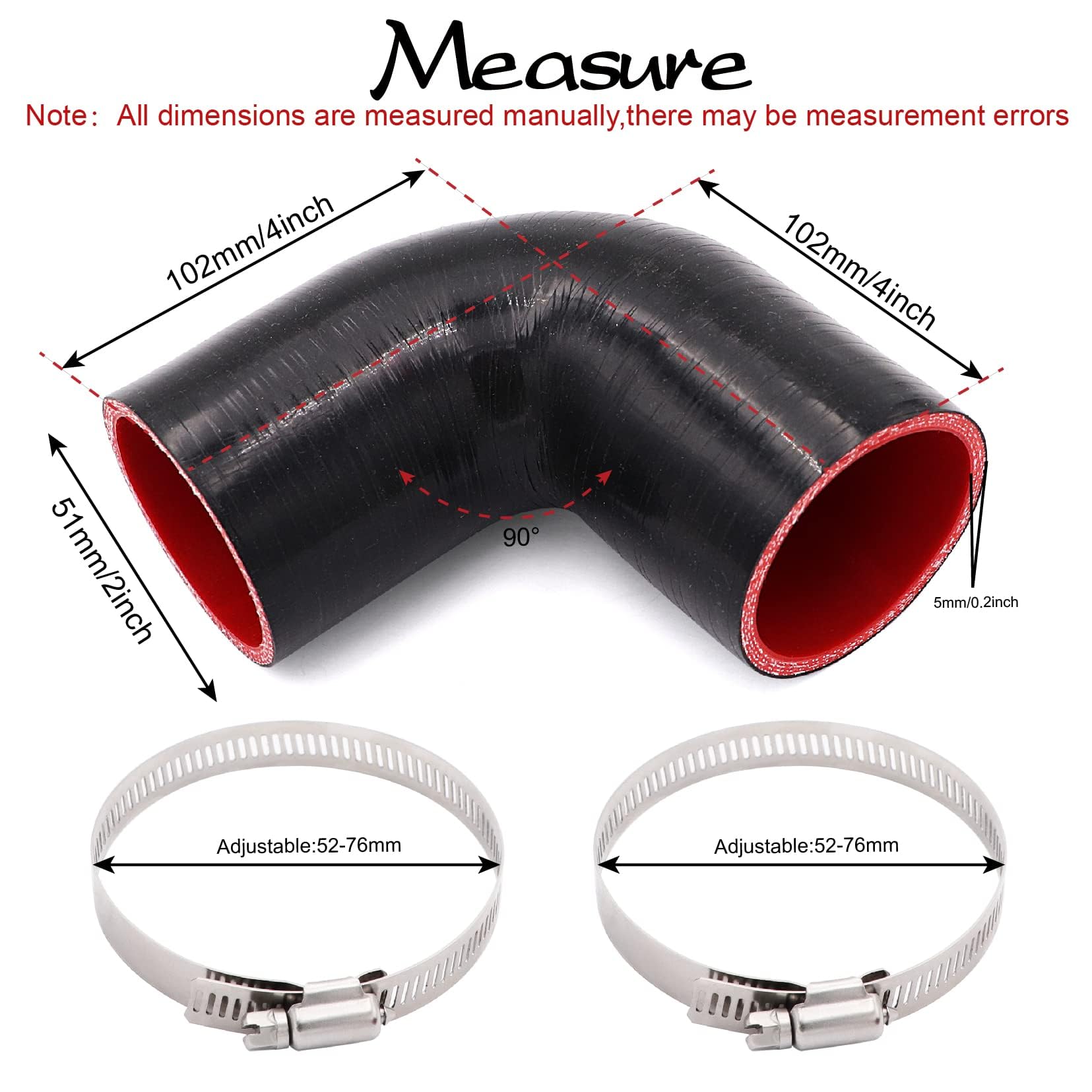 Manguera acopladora de codo de 90 grados de 51 mm, 4 capas reforzadas, longitud de 102 mm con 2 abrazaderas para turbo/intercooler/acoplador de tubería de admisión