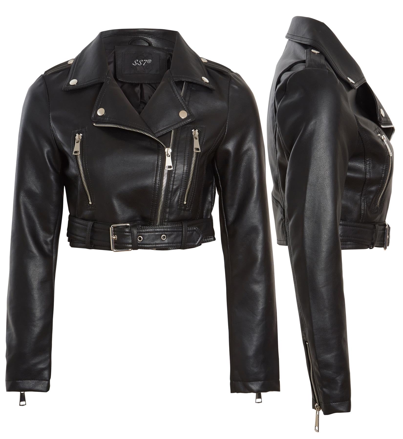 SS7 Femmes Veste de Motard Courte en Faux Cuir