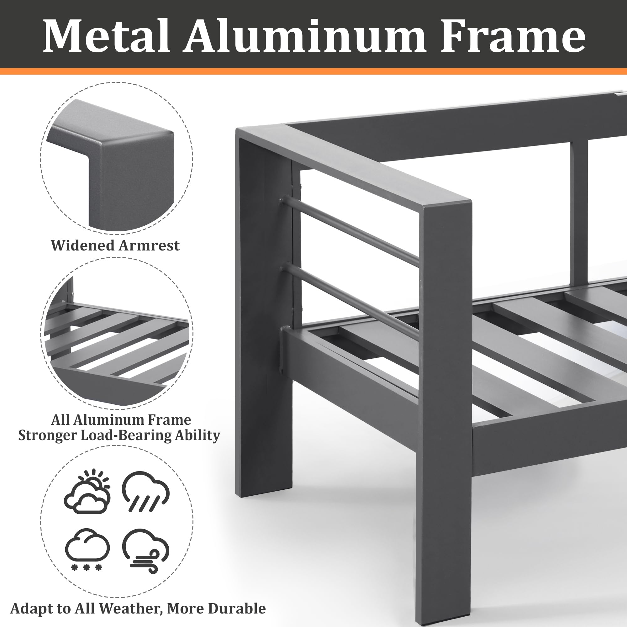 Sofá de aluminio para exteriores, sofá de 3 asientos de metal para todo tipo de clima, cojín suave y grueso de 5 pulgadas y brazo ancho, sofá al aire libre para balcón, porche 3