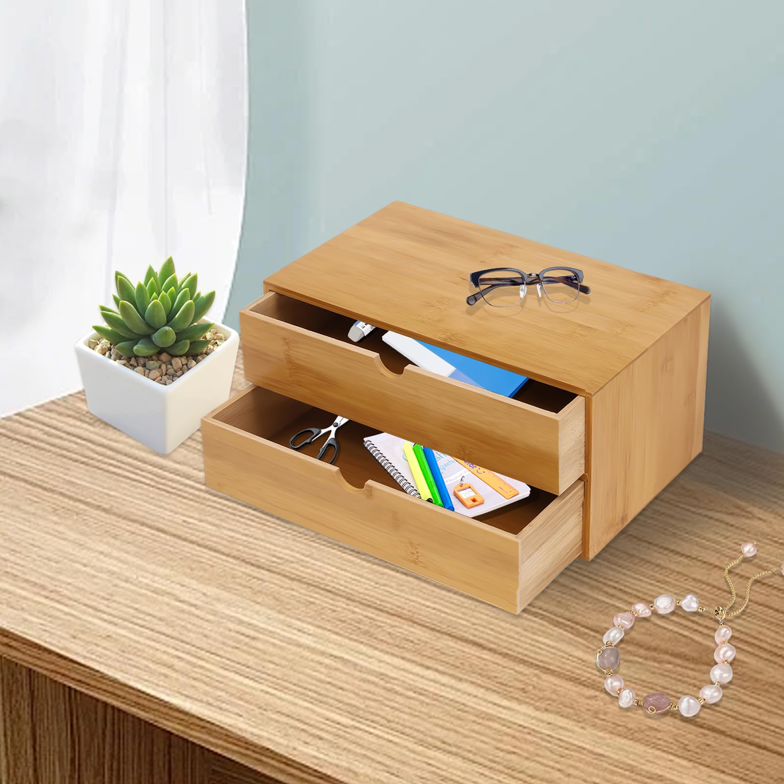 Bambusowy organizer na biurko z 3/2 szufladami, 33 x 19 x 16 cm, wielofunkcyjny organizer na przybory biurowe, kolekcje kosmetyków (2 szuflady)