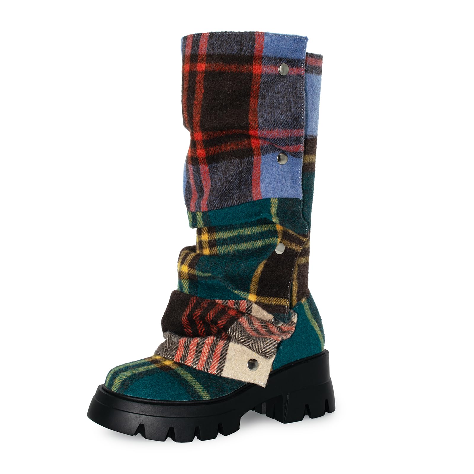 RKQ Womens Wide Calf Platform Slouchy Fold Over Combat Mid-Calf Block Heel Detachable Pull-On Panel Shark Boots