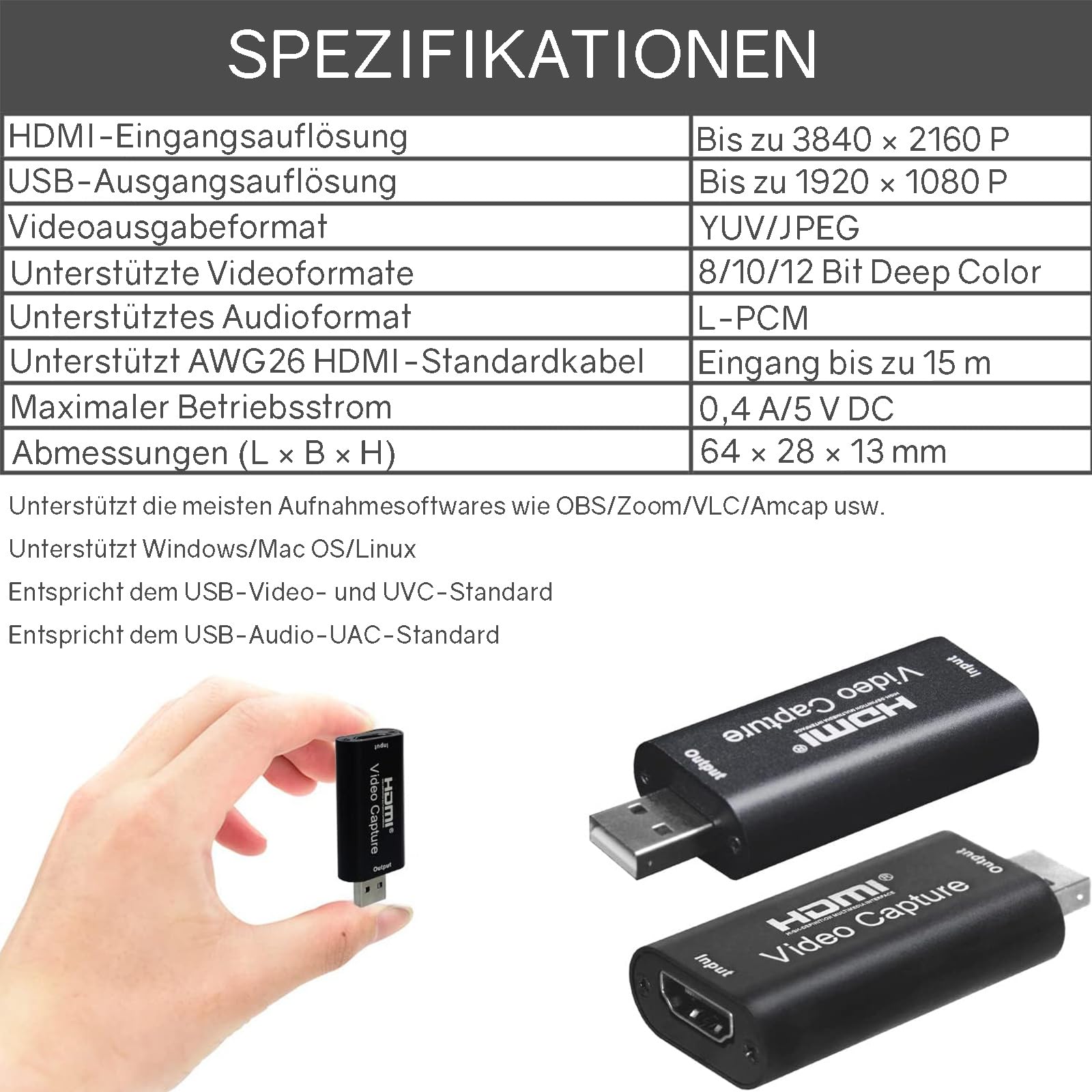 Powice Rejestrator wideo HDMI, karta przechwytywania HDMI 4K USB2.0, grabber podgląd w czasie rzeczywistym, nadaje się do strumieniowego przesyłania wideokonferencji w grach, nagrywania wideo na żywo