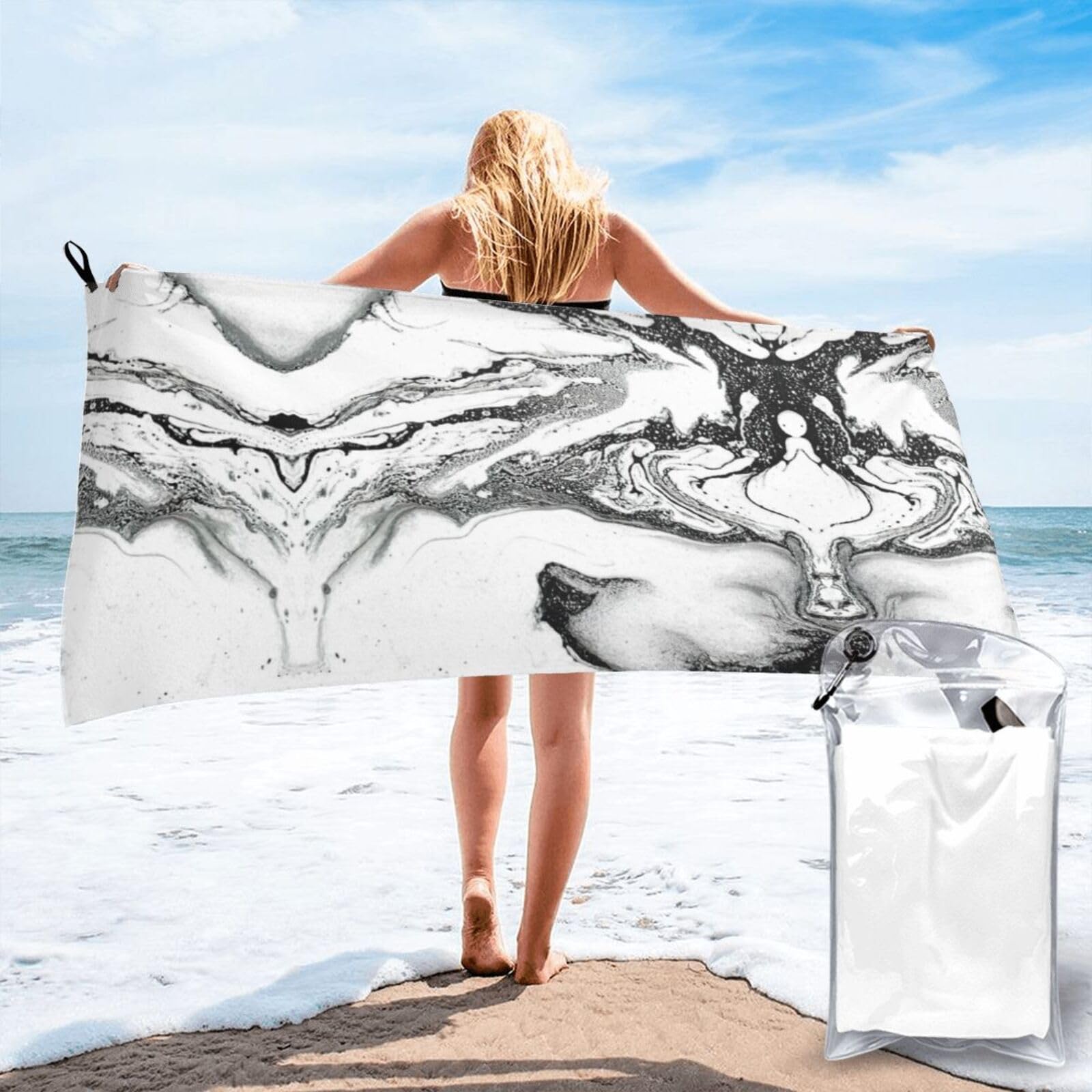Jiuty White Black And Marble Print Fast Dry Beach Towel Portable For Swimming Travel Gym Hiking Gift