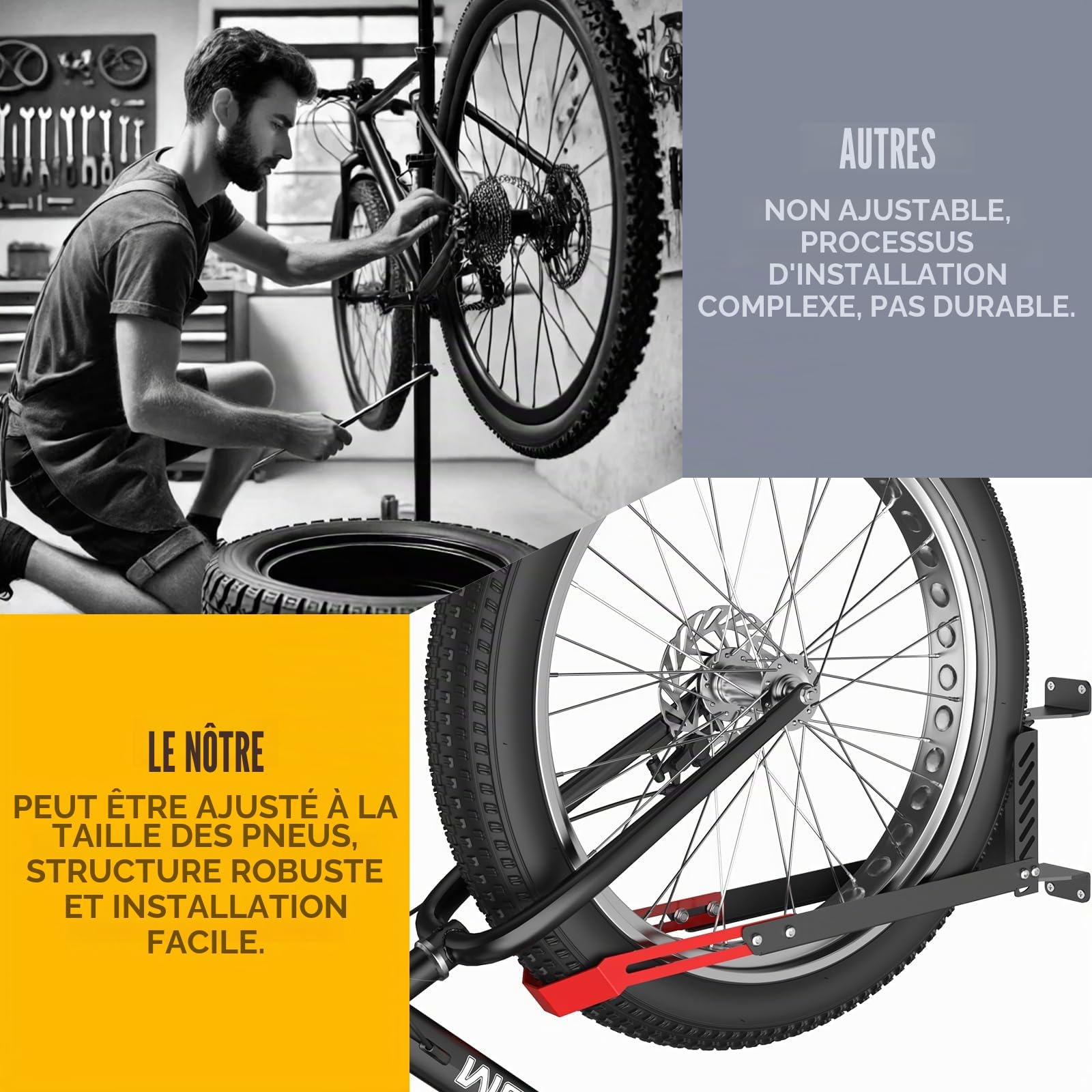 Support mural pour vélo, pivotant à 160°, de qualité supérieure, sans levage lourd, peut supporter jusqu'à 40 kg, support mural pliable réglable pour un rangement peu encombrant, convient pour les