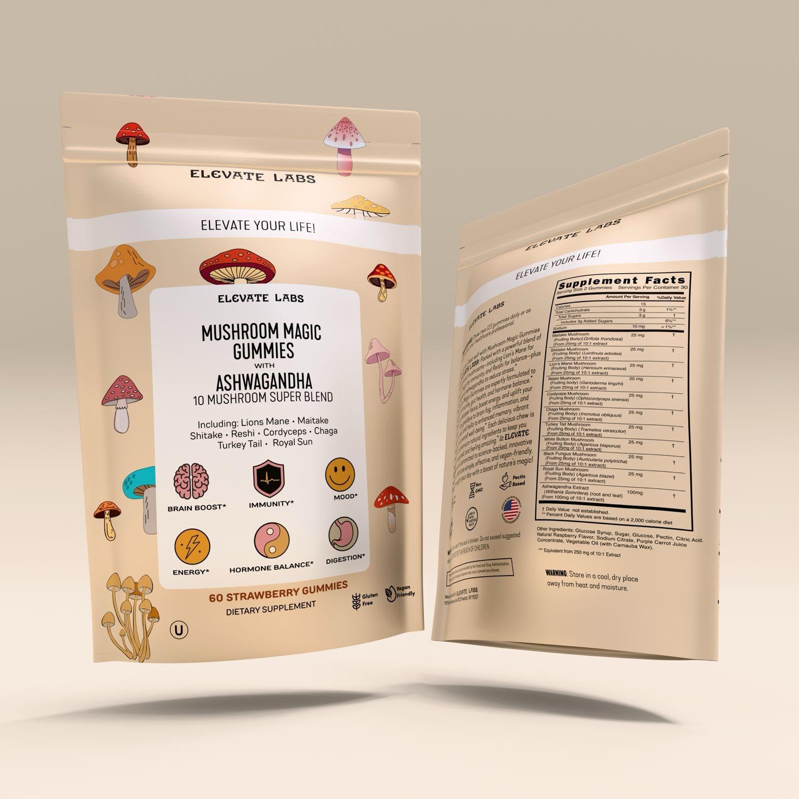 Mushroom Magic Gummies - 10 Mushroom Blend with Ashwagandha for Focus, Energy, Mood, Immunity & Stress Relief - Kosher Certified by OU, Halal - Vegan 60 Strawberry Gummies - Made in USA