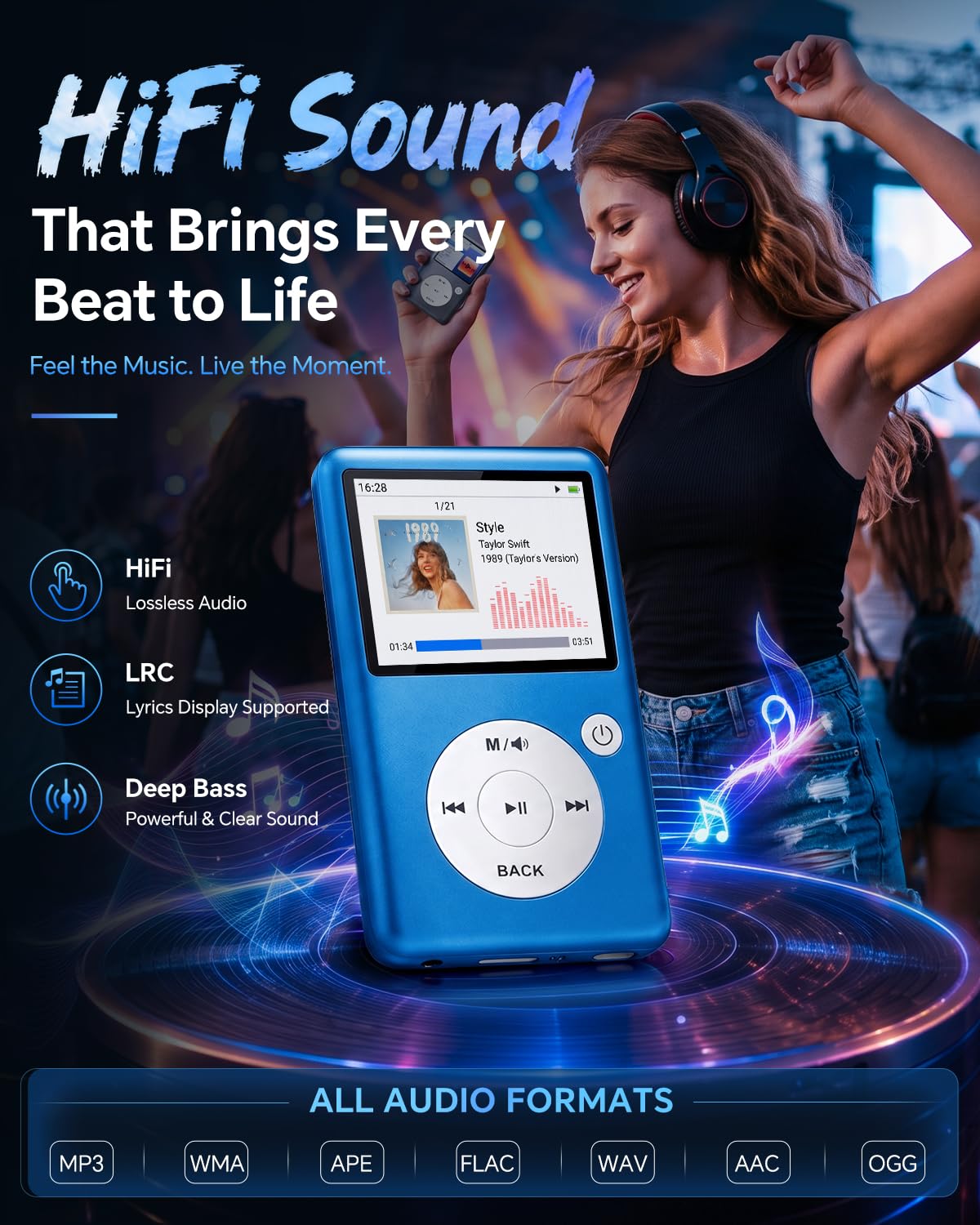 Lettore MP3 Bluetooth 5.3, audio HiFi senza perdita, schermo 2,31", memoria espandibile 128 GB, video 1080P, radio FM, e-book, registrazione, portatile per sport, studio e viaggi