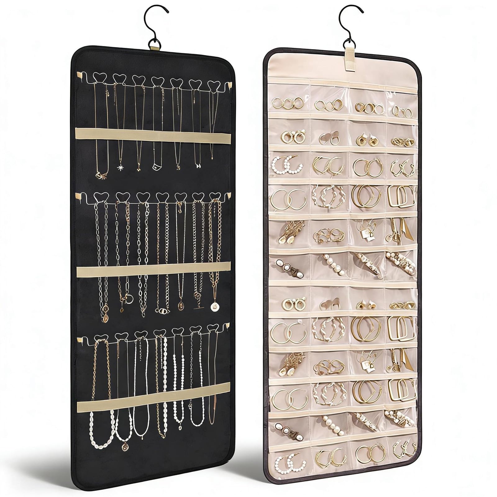 LPVVPEZ Hanging Jewelry Organizer with 48 Clear Pockets & 3 Metal Hooks – Dual-Sided Foldable Storage Roll for Earrings, Necklaces, Bracelets, Sunglasses, Ties (Black)