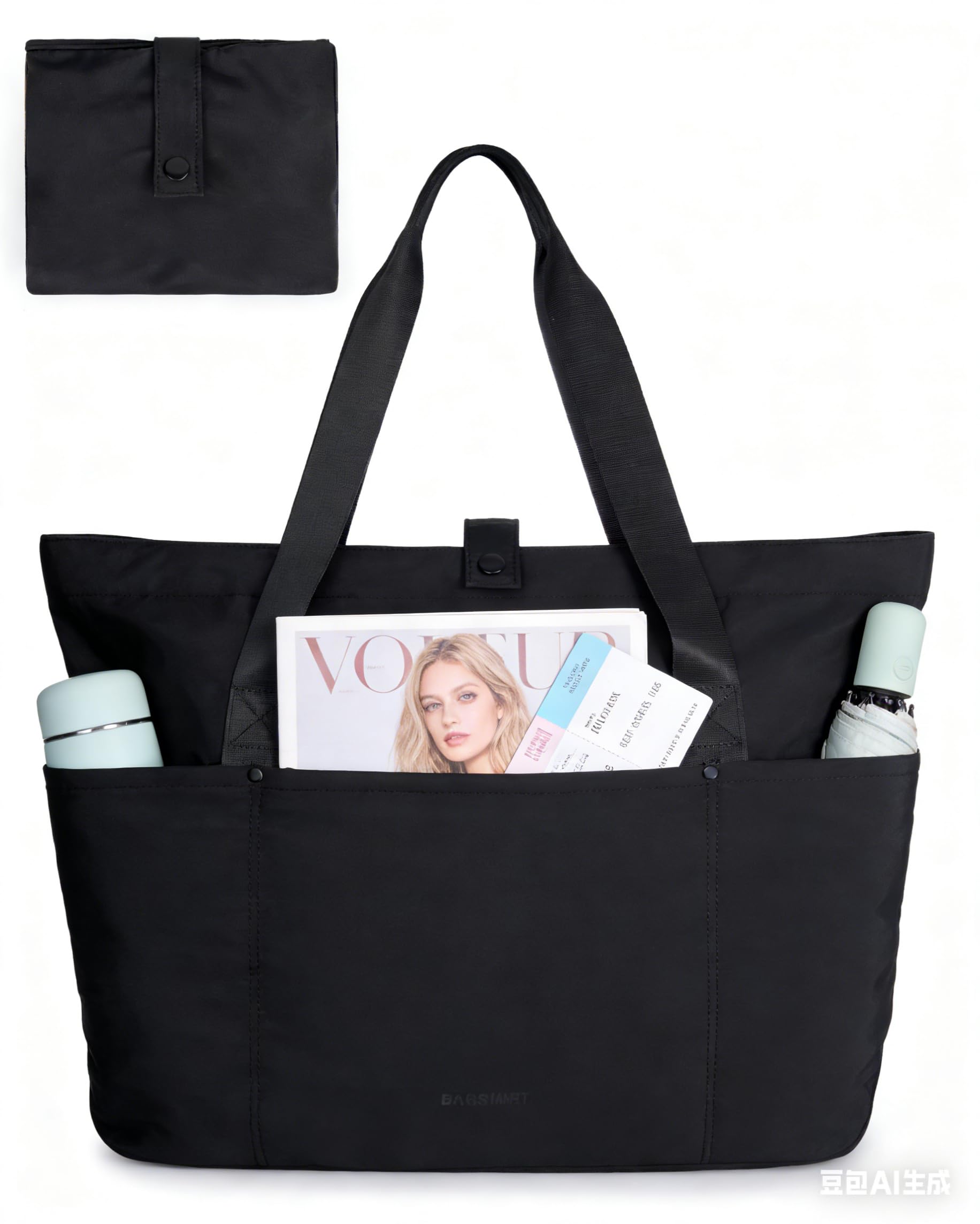 Tote Bag for Women, Foldable Tote Bag With Zipper Travel Large Shoulder Bag Handbag for Work-16.5''l X 6''wx 14''h