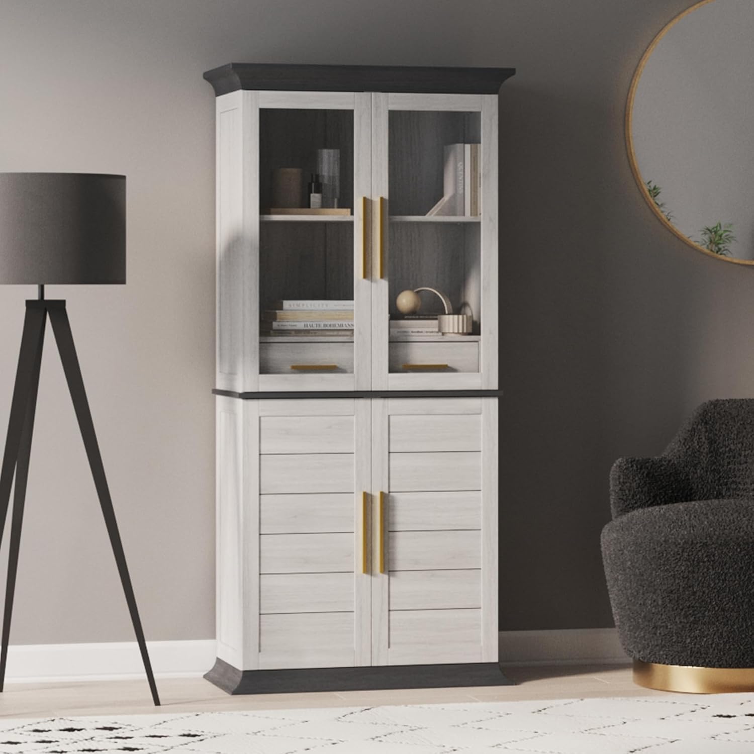 BELLEZE 72" Tall Glass Display Cabinet, Freestanding Curio Cabinet with Glass Doors, Large Display Cabinet with 2 Built-in Drawers for Kitchen, Dining & Living Room - White