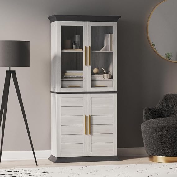 BELLEZE 72 Tall Glass Display Cabinet, Freestanding Curio Cabinet with Glass Doors, Large Display Cabinet with 2 Built-in Drawers for Kitchen, Dining & Living Room - White