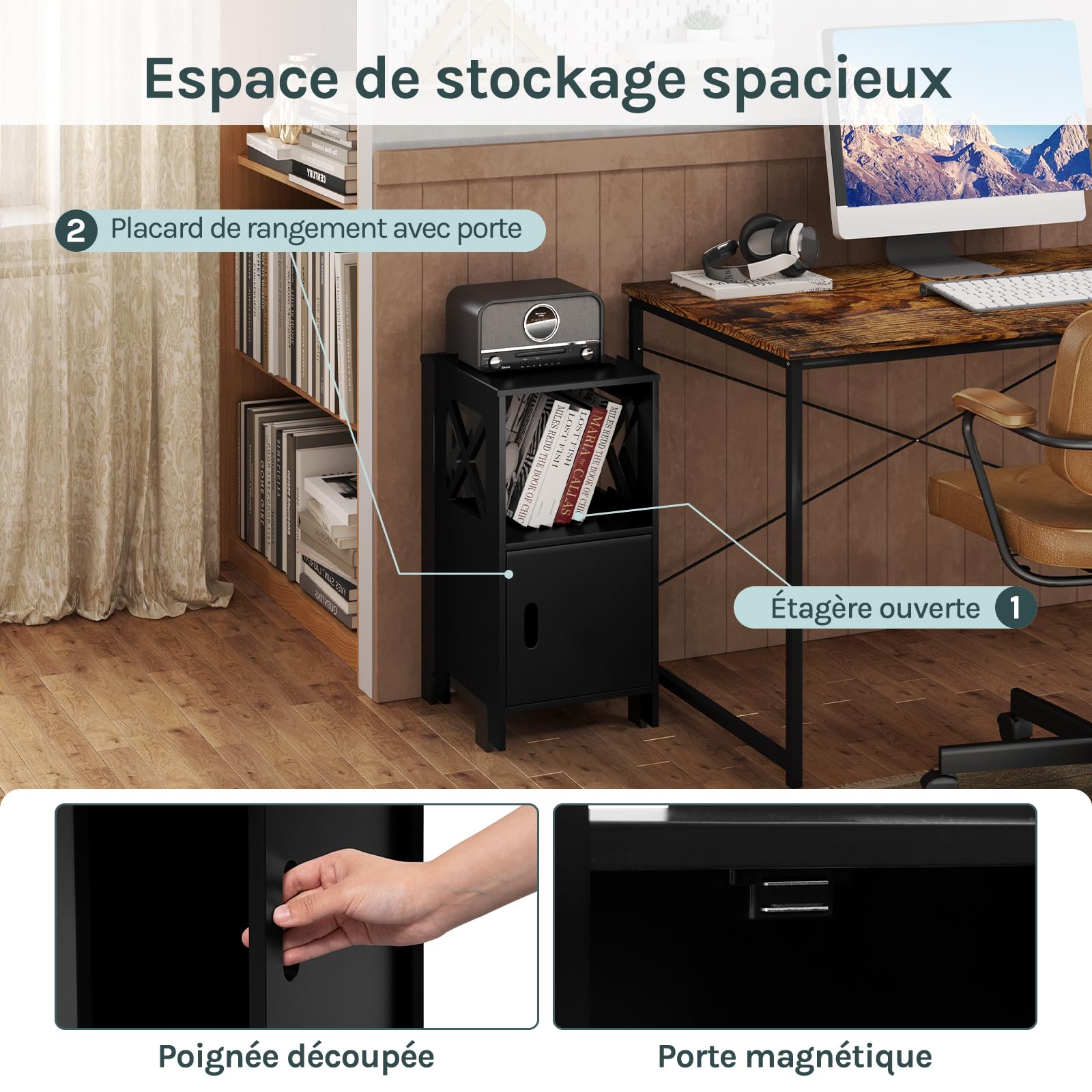 WOLTU Table de Chevet, Lot de 2, 1 Casier et 1 Placard avec Porte, Noire