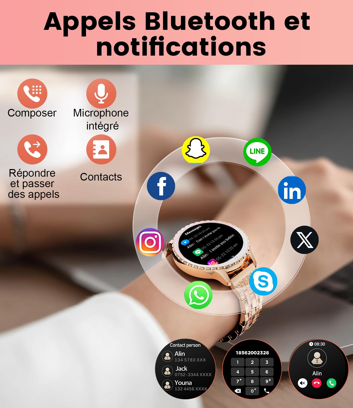 LIGE Montre connectée Femme Appels Téléphonique pour Android iOS 1,27" HD Rose Doré Acier Inoxydable Diamant Smartwatch Ronde,Fréquence Cardiaque,Moniteur de Sommeil,Podomètre,Calories,100+ Mode Sport
