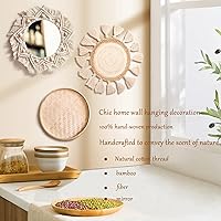 Vista 3 de Juego de decoración de cesta de pared boho - Tapiz plano tejido de macramé, borlas redondas blancas de espejo, cesta de pared de ratán hecha a mano