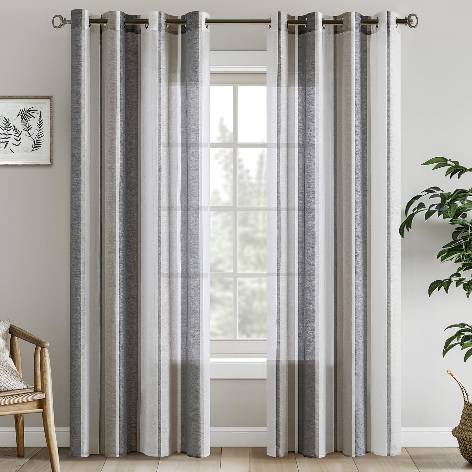 EMEMA Gardinen mit Ösen Dunkelgrau-Weiss Streifen Voile Vorhänge Halbtransparent Wohnzimmer 140x215cm Dekorieren 2er Set Stores Schals mit Ösenschal Vorhang Moderner Schlafzimmer