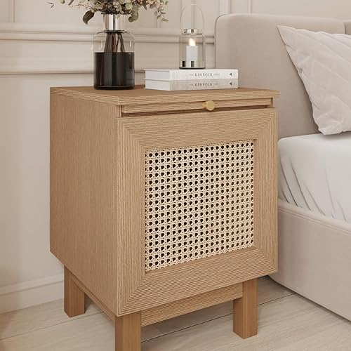 Mesita de noche de ratán, mesa auxiliar, mesa auxiliar con hoja de extensión. Patas de madera maciza. Amplio espacio de almacenamiento para