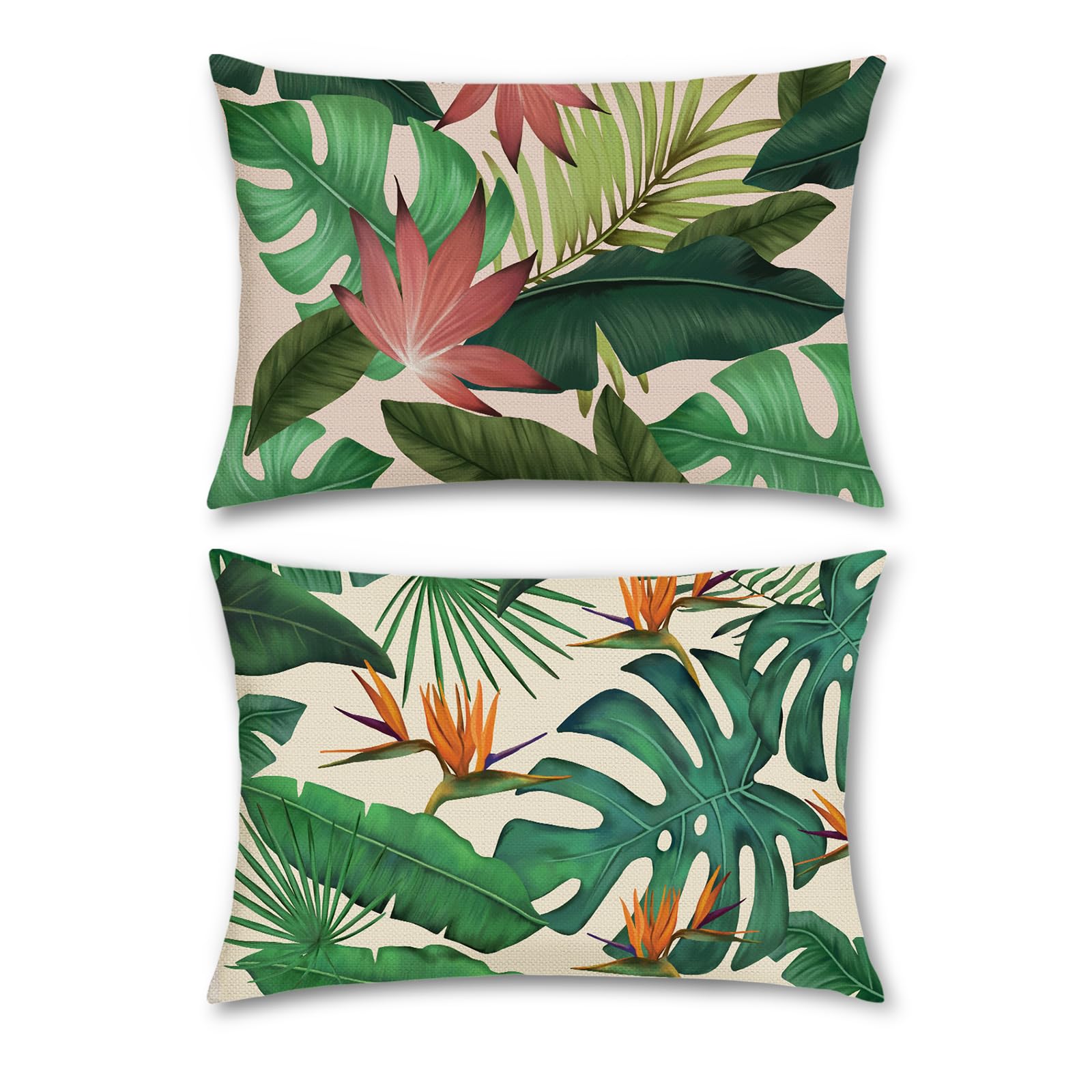 Bonhause Tropical Leaves Cushion Covers 30 x 50 cm Green Leaf Plant Decorative Throw Pillow Covers for Sofa Couch Bed Patio Garden Outdoor Decor Set of 2 - Image 3