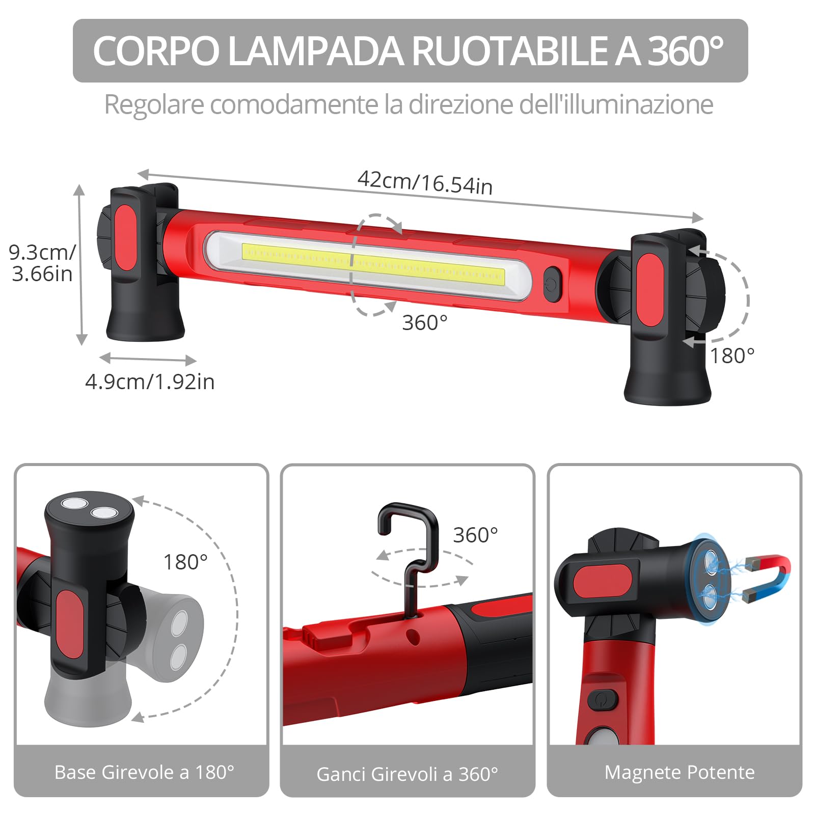 JUSTOOL Lampada da Lavoro LED Ricaricabile 6000 mAh 3000 LM Lampade di Ispezione con Magnetico e Gancio Lampada Girevole per Riparazione Automobilistica con 3 Modalità di Luminosità per Cappa Officina