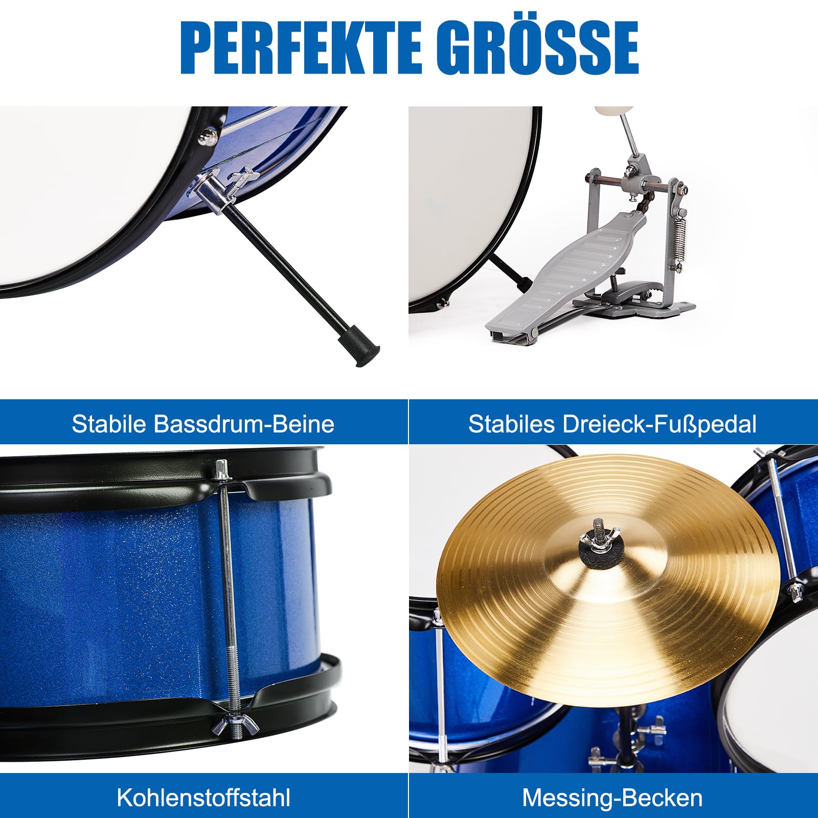LEADZM Schlagzeug Set 14'' für Kinder ab 3 Jahren mit Hocker, Bassdrum-Pedal und 2 Drumsticks, Becken, Tom und Snare Drum (Dunkelblau)