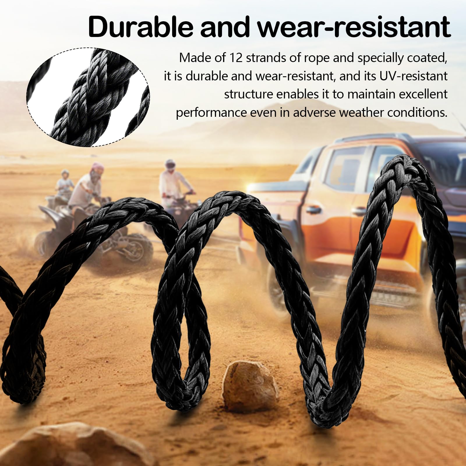 Cuerda de Remolque para Coche, Cabestrante 15m Largo 8mm Diámetro Cuerda Sintética de 12 Hilos 6000kg / 13228 Libra Cuerda de Plástico Cuerda de Remolque con Gancho Metálico para SUV ATV UTV, Negro