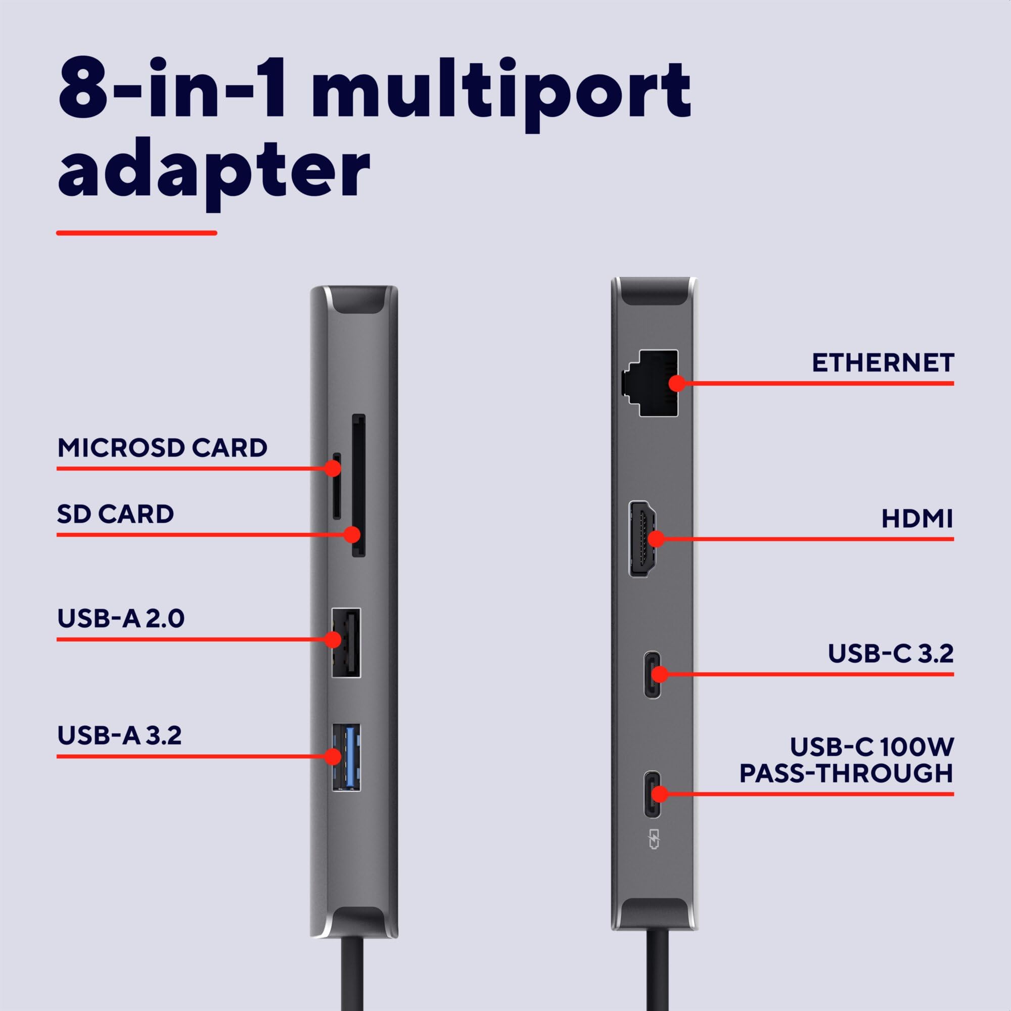 Trust Vylor Hub USB-C 8-w-1 z portami HDMI 4k60Hz, Gigabit Ethernet | czytnik kart MicroSD/SD, USB-A, port ładowania 100W, kompaktowy adapter do PC Laptopa Dell HP Asus MacBook