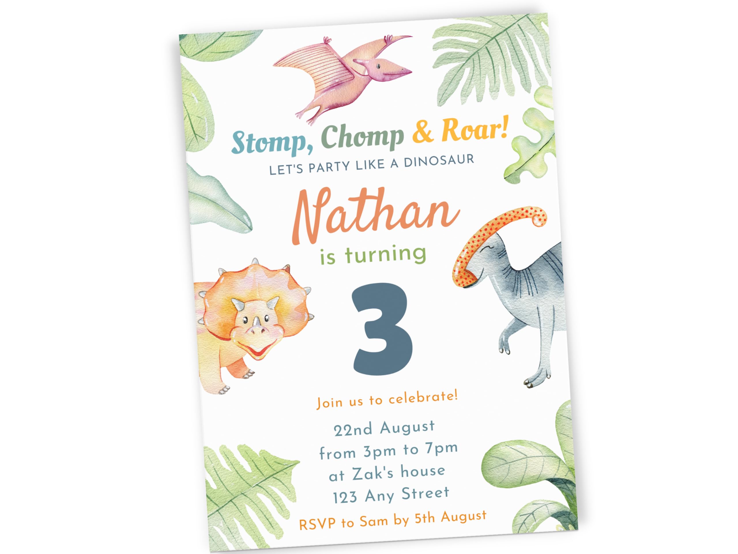 Love To Cherish Personalised Dinosaur Birthday Party Invitations with envelopes, Dino Invites for Boys or Girls - Personalised watercolour birthday invitations (30 Invites & Envelopes)