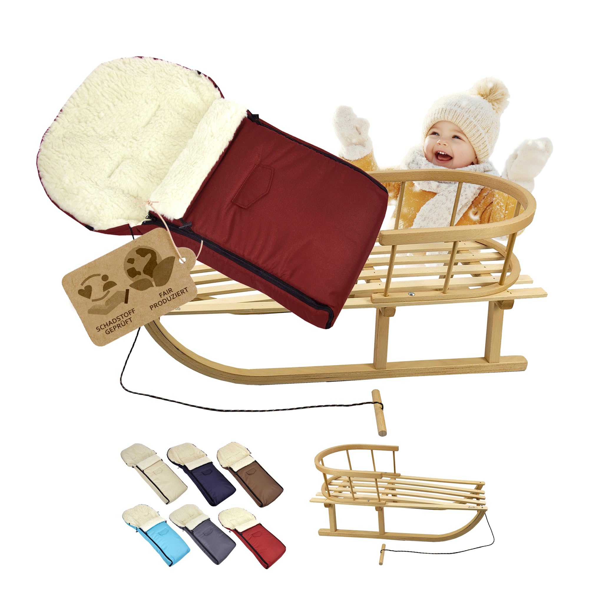 BambiniWelt Luge en bois avec dossier et corde de traction, chancelière d'hiver 90 cm, laine d'agneau chaude, déperlante, ensemble pour poussette et buggy
