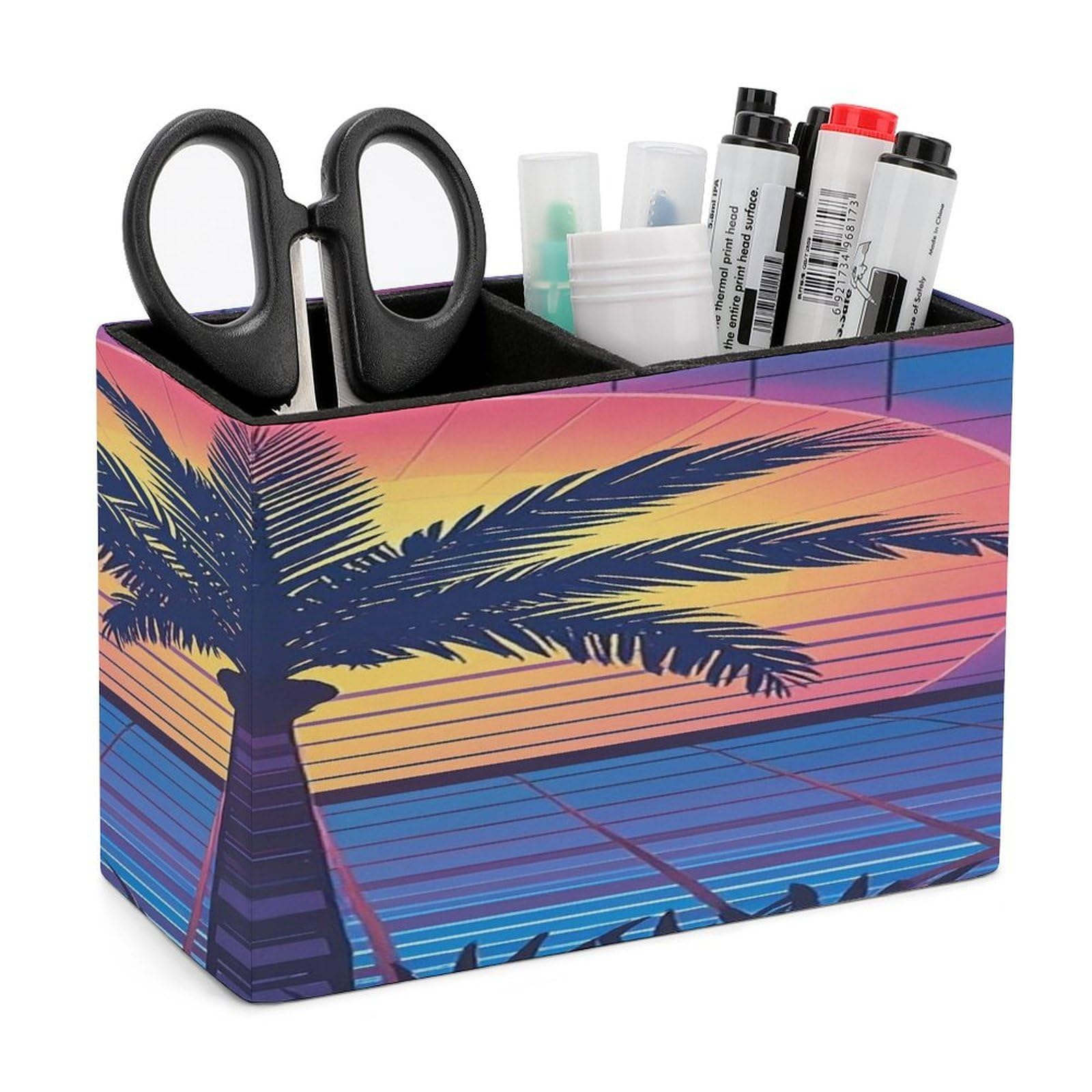 LZQPOEAS Palm Tree Sun And Grid Leather Pen Holder with 2 Compartments Luxury Pencil Holder Minimalist Pencil Cup Brush Scissor Holders Elegant Pen Cup for Office Home Desk Accessories