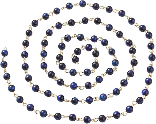 Cadena de cuentas de gemas verdes de 3.28 pies, cadena de cuentas teñida con ojo de tigre natural con fornituras de acero inoxidable 304, azul