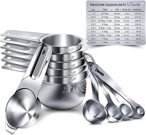 Amazon Com Measuring Cups U Taste Measuring Cups And Spoons Set Of 15 In 18 8 Stainless Steel 7 Measuring Cups And 7 Measuring Spoons With 2 D Rings And 1 Professional Magnetic Measurement Conversion