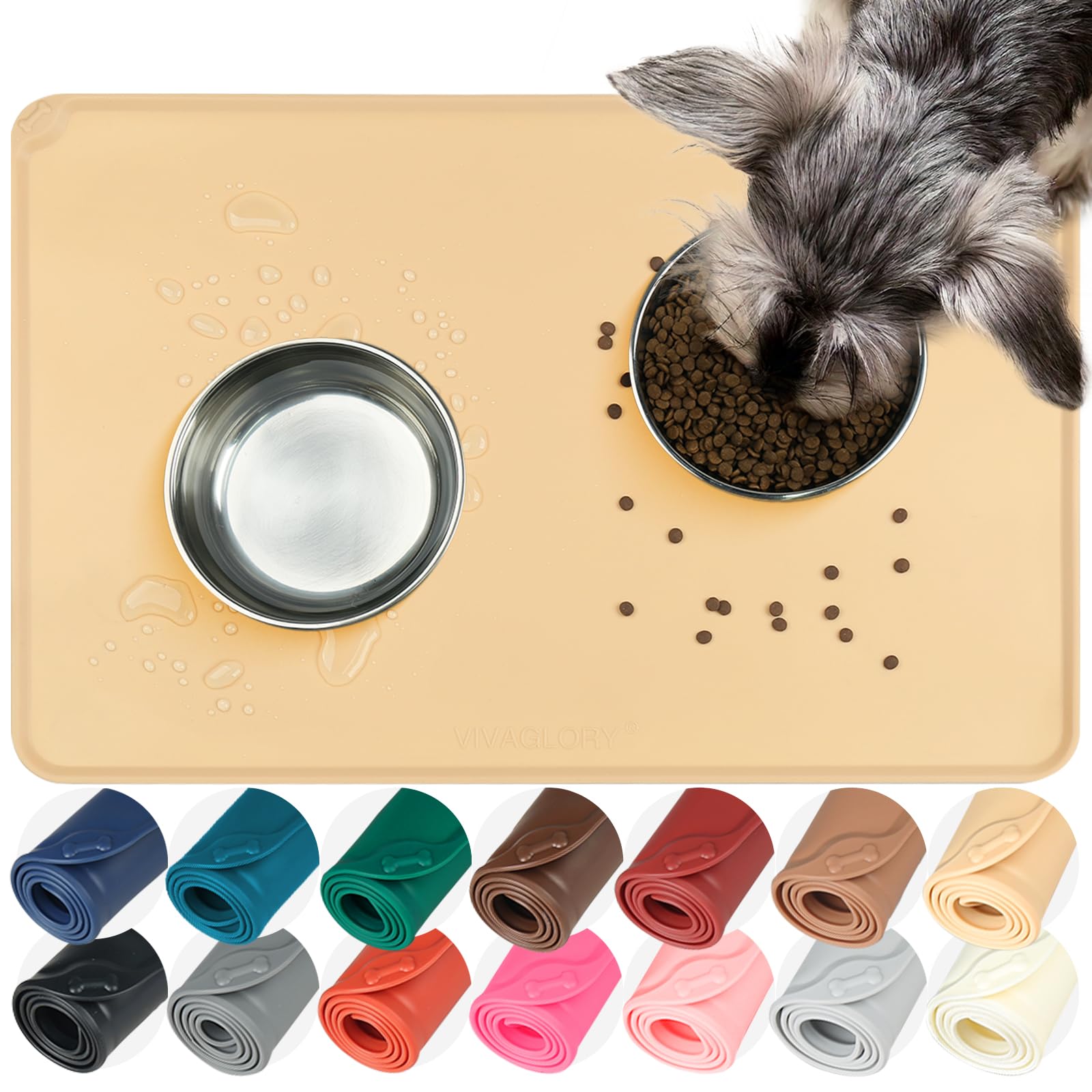 VIVAGLORY Flexmat Dog Food Mat Pet Bowl Mat for Food and Water & Indoor Cats, Waterproof Silicone Grippy with Raised Edges Lip, S, Beige Yellow