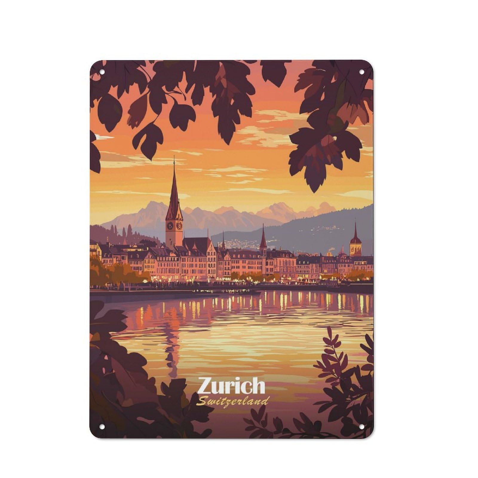 Junmoney Style Zurich Sunset Cityscape Tin Wall Sign 40X30cm, Country Bistro Wall Plaque For Coffee Bar, Kitchen, Bistro Or Tea Corner