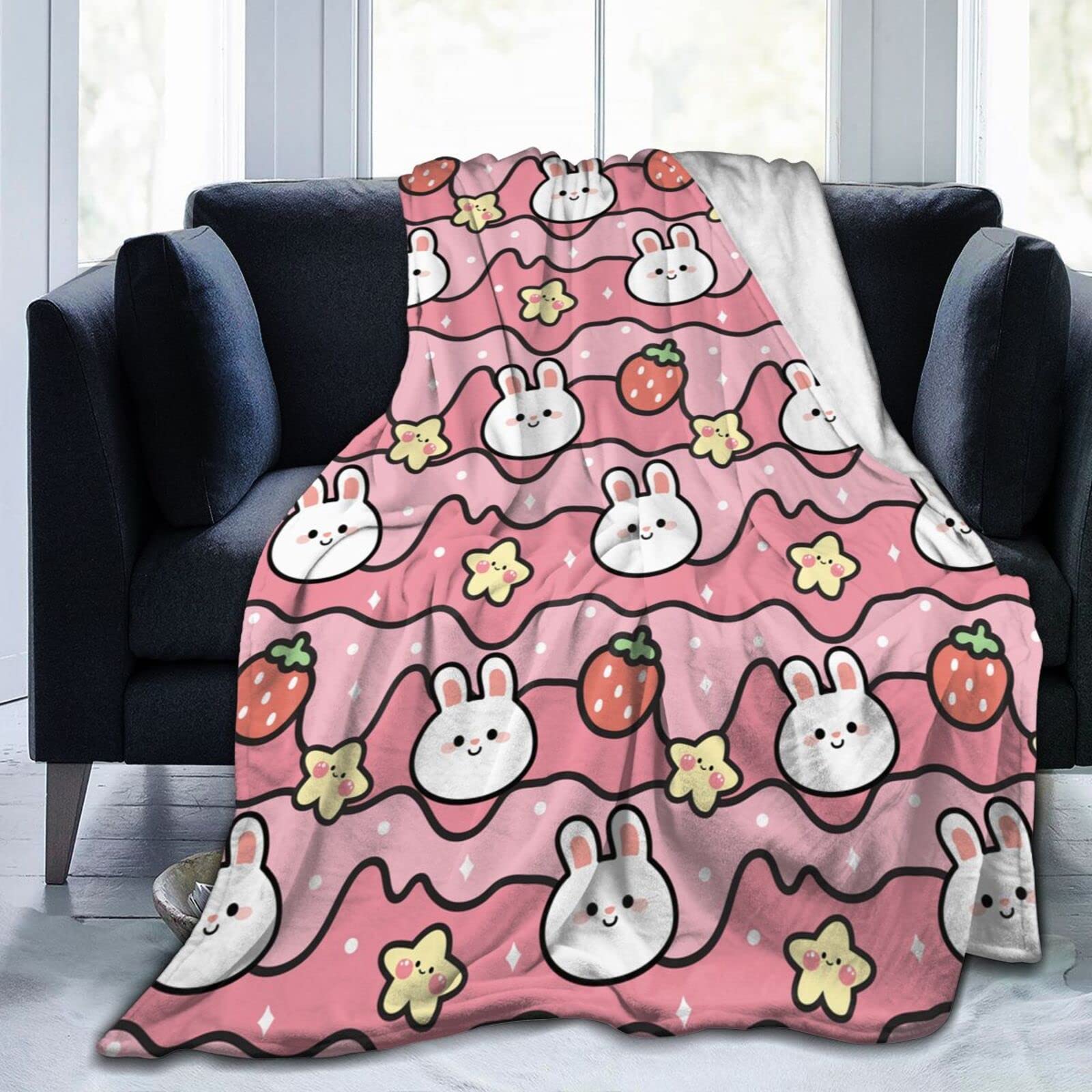Lsjuee Rabbit with Strawberry Throw Blanket Warm Cozy Lightweight Blankets Soft Cute Easter Bunny Flannel Blanket for Sofa Couch Bed Office Holiday Decorative 50"X40"