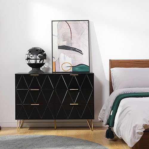 Miniatura 3 de Cómoda de 6 cajones cómoda negra para dormitorio cómoda de madera con tablero de diamante y asas de metal dorado para dormitorio sala de estar