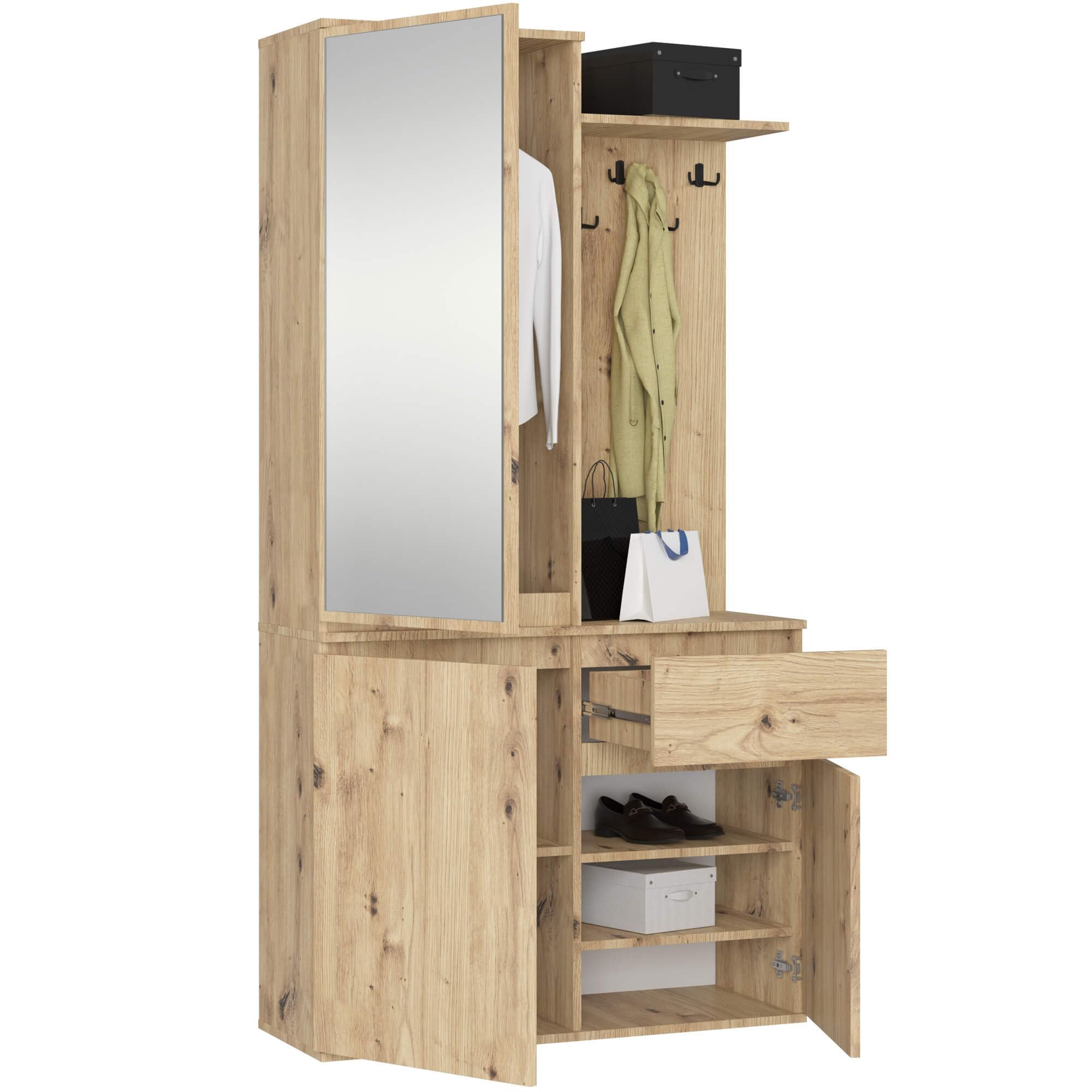 AKORD Mueble Recibidor con Espejo - 95 cm 3 Puertas, 1 Cajón, 7 Estantes para Zapatos y Bolsos - Entraditas Recibidores Modernas y Estilo Industrial - Roble Artesanal