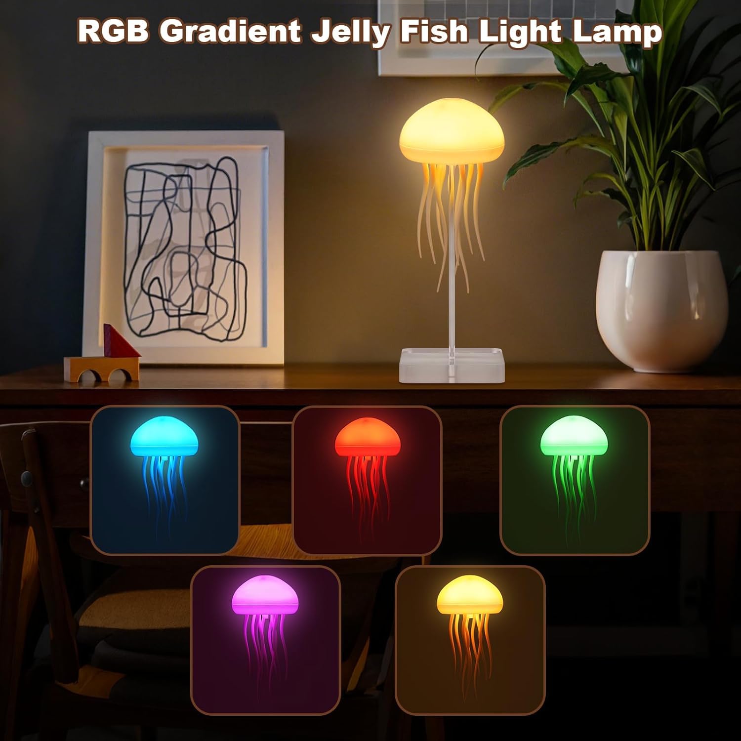PRECHANA Plastic Jellyfish Lamp LED Mood USB Rechargeable Table Lamp with Touch Sensor and Voice Control RGB Gradient Desk for Bedroom with Remote Control for Gifting Kids & Adult Night Light, White 2