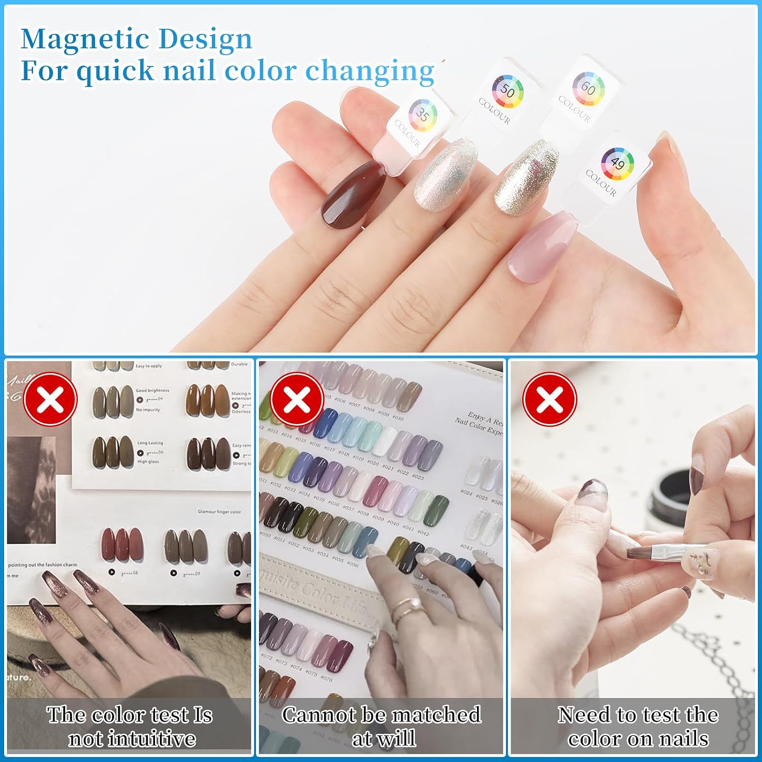 Magnetic Nail Color Book, 180 Colors Nail Display Chart, Leather Nail Sample Display Book Nail Swatch with 192 Magnetic Tips & 1-180 Number Labels, Nail Gel Color Card Book for Nail Polish Art (Blue)