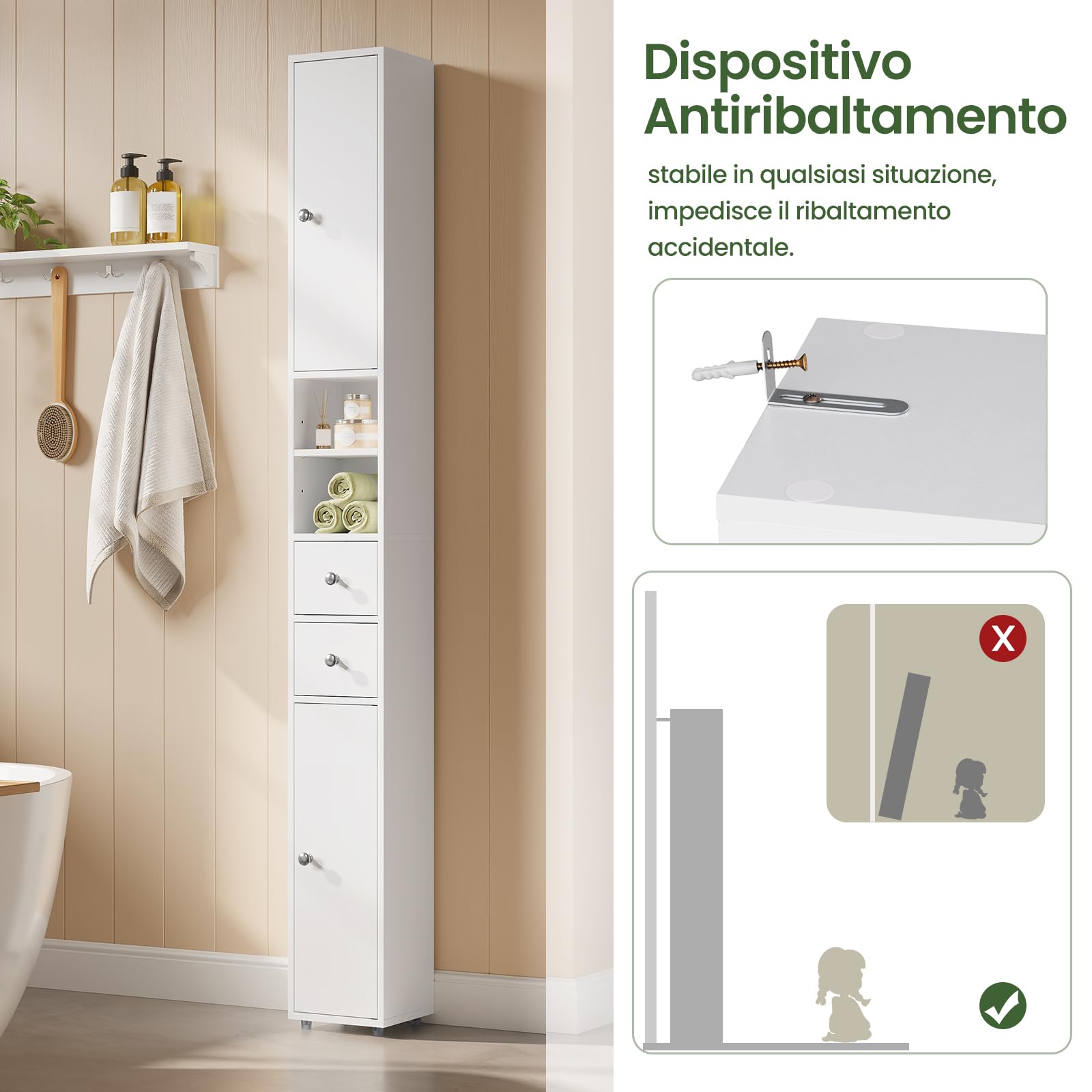 EUGAD Armadio Alto da Bagno, Mobiletto da Bagno, Colonna Bagno Stretta, 20 x 20 x 180 cm, Mobiletto Salvaspazio Stretto, con Ripiani Regolabili, per Spazi Ridotti, Soggiorno, Corridoio, Bianco
