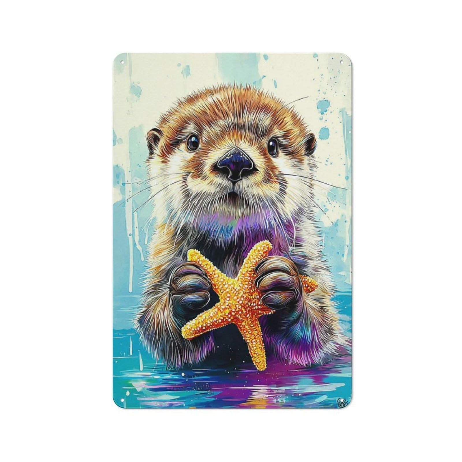 Otter with Starfish in Watercolor Rustic Metal Wall Decor 30x20cm, Decorative Tin Sign for Farmhouse Kitchen, Pantry Or Dining Area
