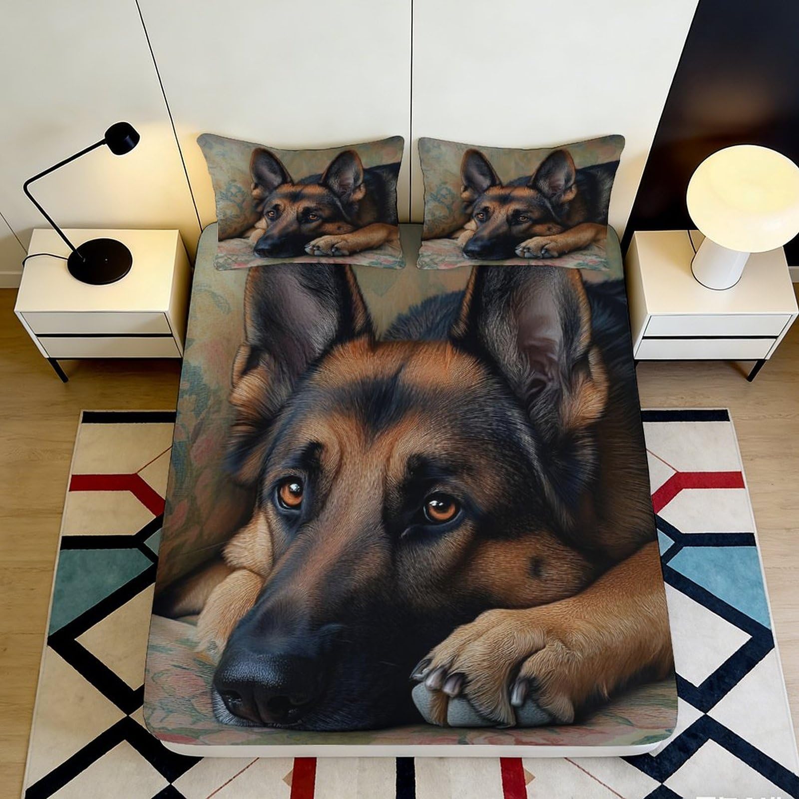 3D Printed German Shepherd Fitted Sheet Microfiber Soft Durable 3D Printed Dog Mattress Cover for Bedroom Dormitory Guest Room Bed Protection 90x200x25cm