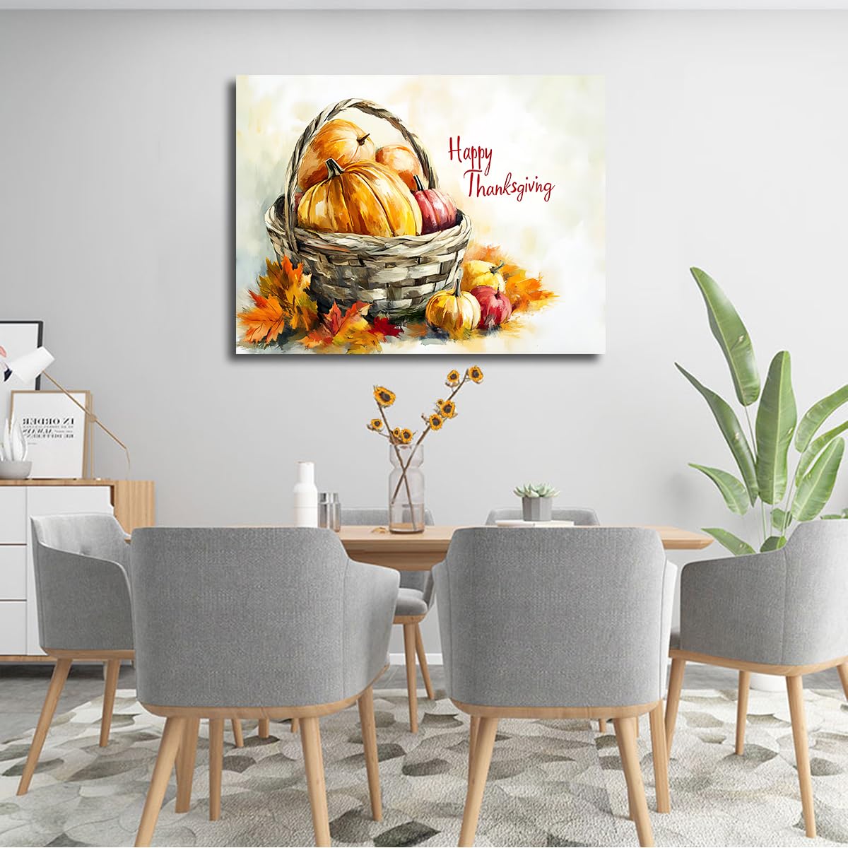 CHERHERART Dynie kosz jesienne liście obraz na płótnie wydruki na płótnie Święto Dziękczynienia sztuka ścienna plakat na jesień wystrój domu jadalni 87 x 118 cm rama wewnętrzna